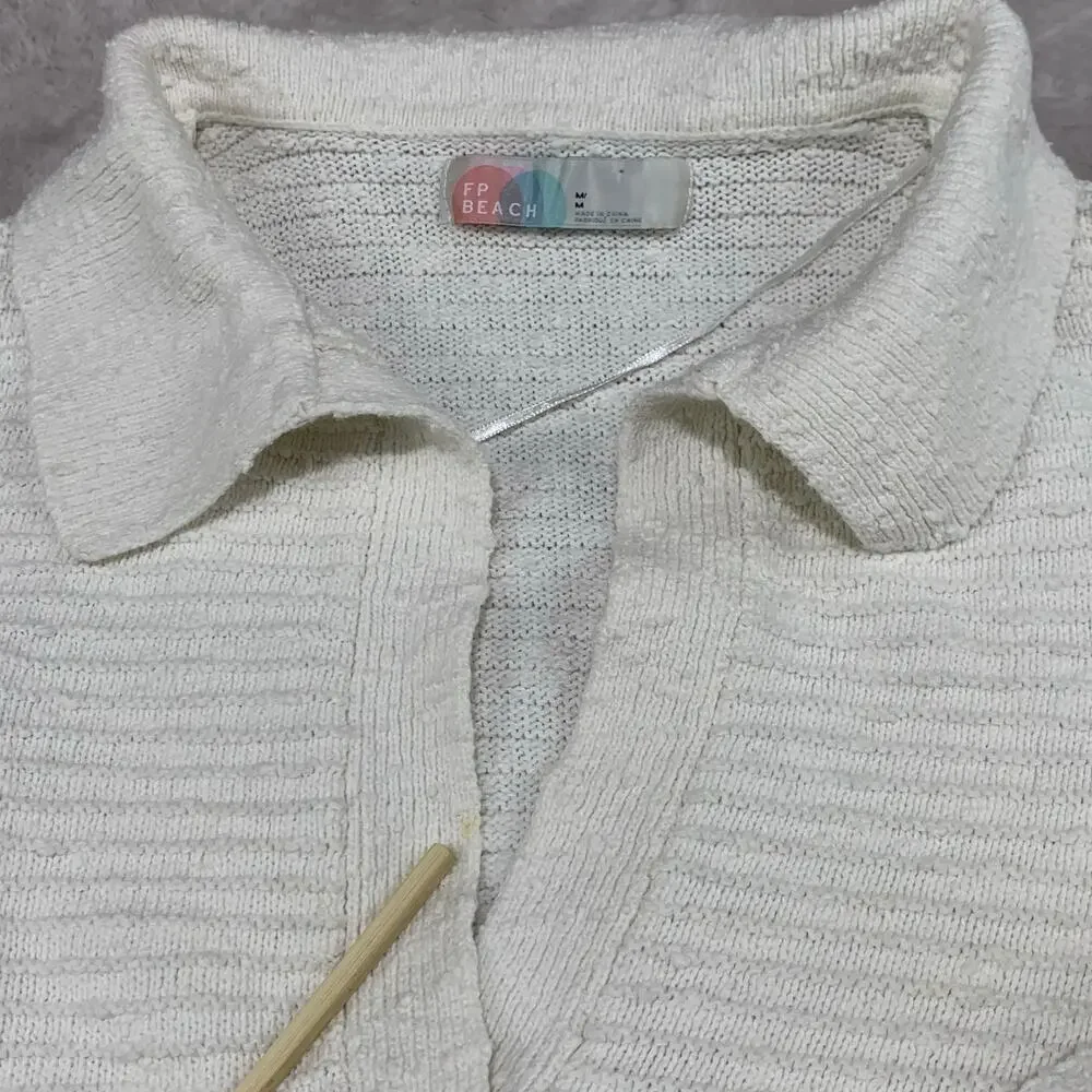 Free People FP Beach Carter Sweater sz Medium Ivory White Coastal Collar Plunge
